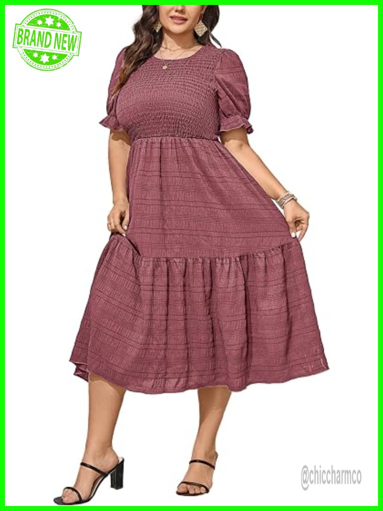 Plus Size Smocked Tiered Maxi Dress With Puff Short Sleeves